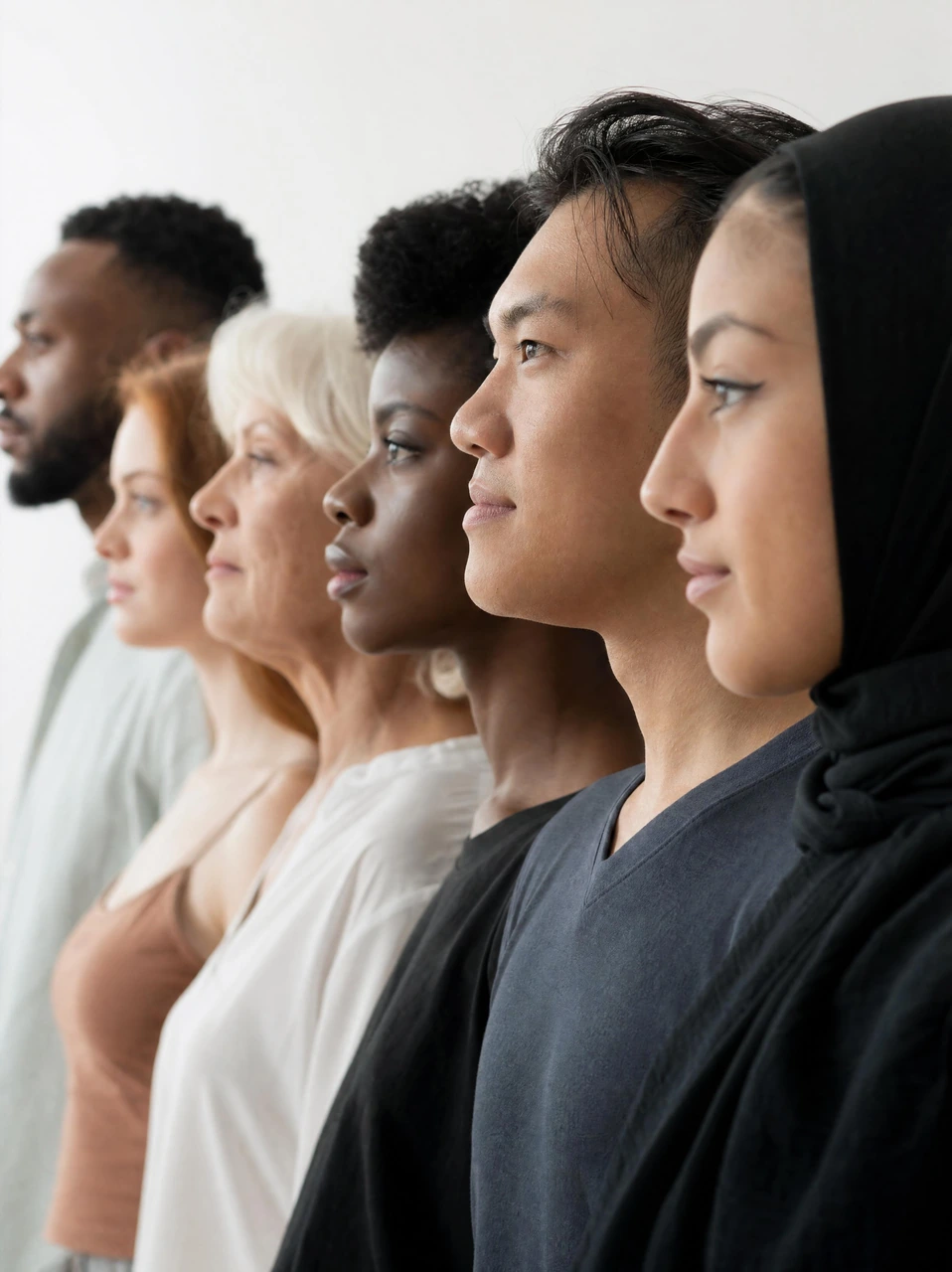 A clean, close-up portrait composition showing diverse people in side profile against a soft white background, ideal for inclusion, unity, DEI, and corporate culture campaigns.