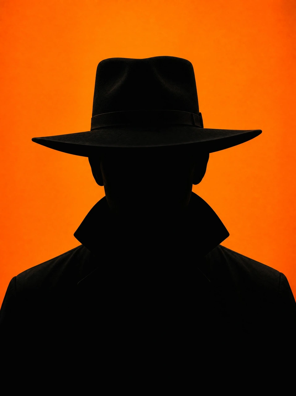 A bold cinematic portrait template featuring a mysterious silhouetted figure in a wide-brimmed black hat against a vivid orange background, ideal for noir-style posters, thriller visuals, and dramatic editorial concepts.