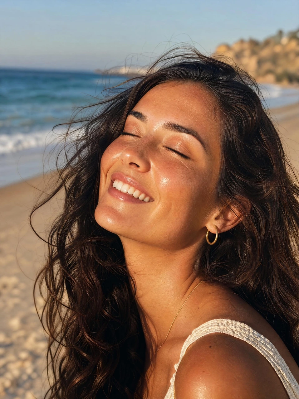 Ein ruhiges Nahporträt einer lächelnden Frau im warmen Sonnenlicht, mit geschlossenen Augen, strahlender Haut und sanftem Strandhintergrund, ideal für Beauty-, Skincare- und Lifestyle-Visuals.