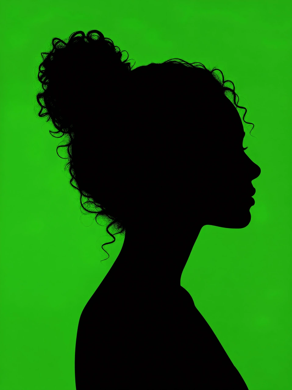 Create a dramatic black side-profile silhouette of a person with curly hair against a vivid green background, ideal for bold portrait posters, editorial visuals, and minimalist campaign imagery.