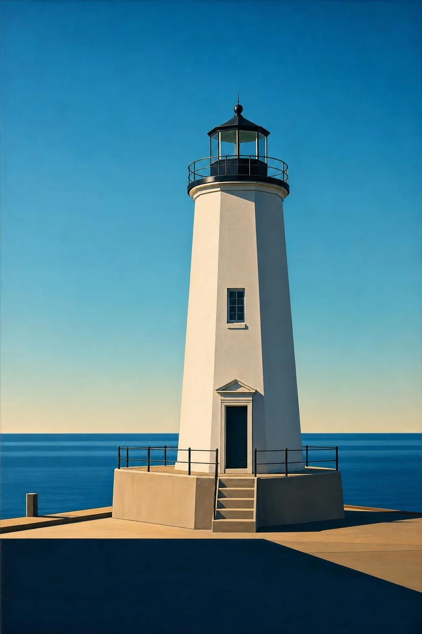 A crisp, clean oil painting template featuring a lighthouse by the sea, using minimal composition, strong architectural forms, vibrant blues, and refined details.