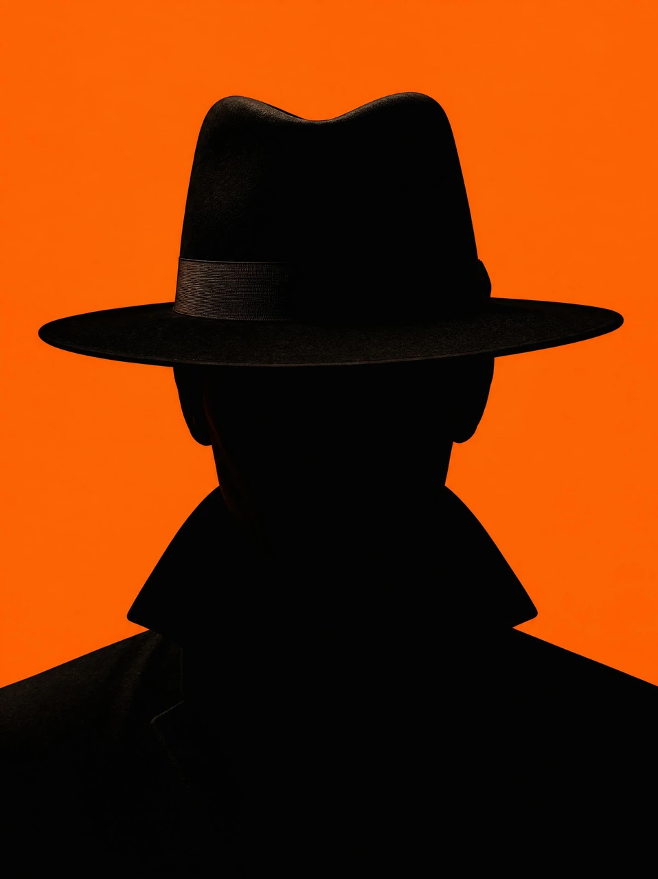 A bold cinematic portrait template featuring a mysterious silhouetted figure in a wide-brimmed black hat against a vivid orange background, ideal for noir-style posters, thriller visuals, and dramatic editorial concepts.