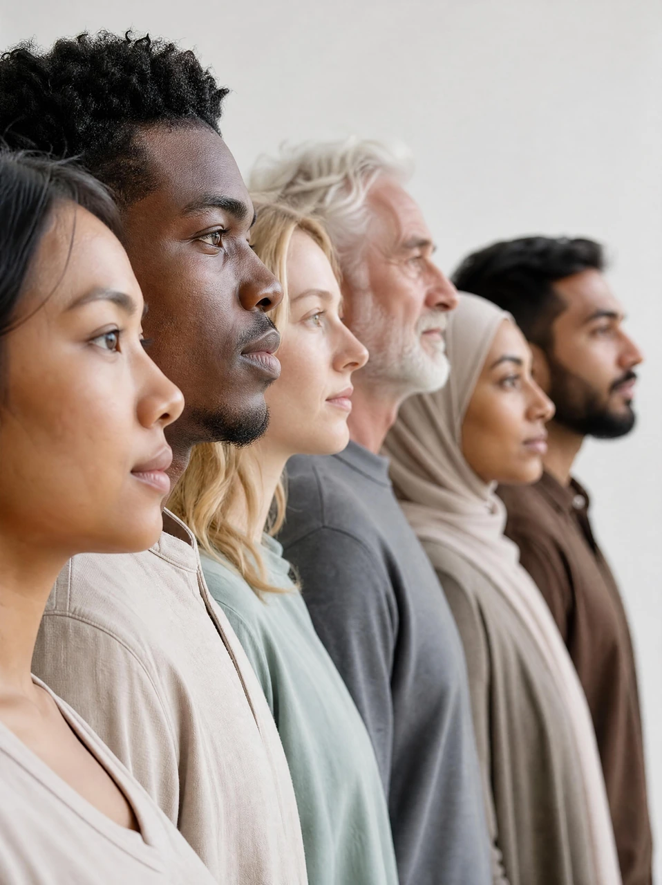 A clean, close-up portrait composition showing diverse people in side profile against a soft white background, ideal for inclusion, unity, DEI, and corporate culture campaigns.