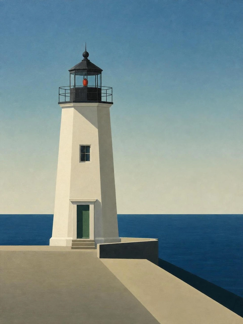 A crisp, clean oil painting template featuring a lighthouse by the sea, using minimal composition, strong architectural forms, vibrant blues, and refined details.