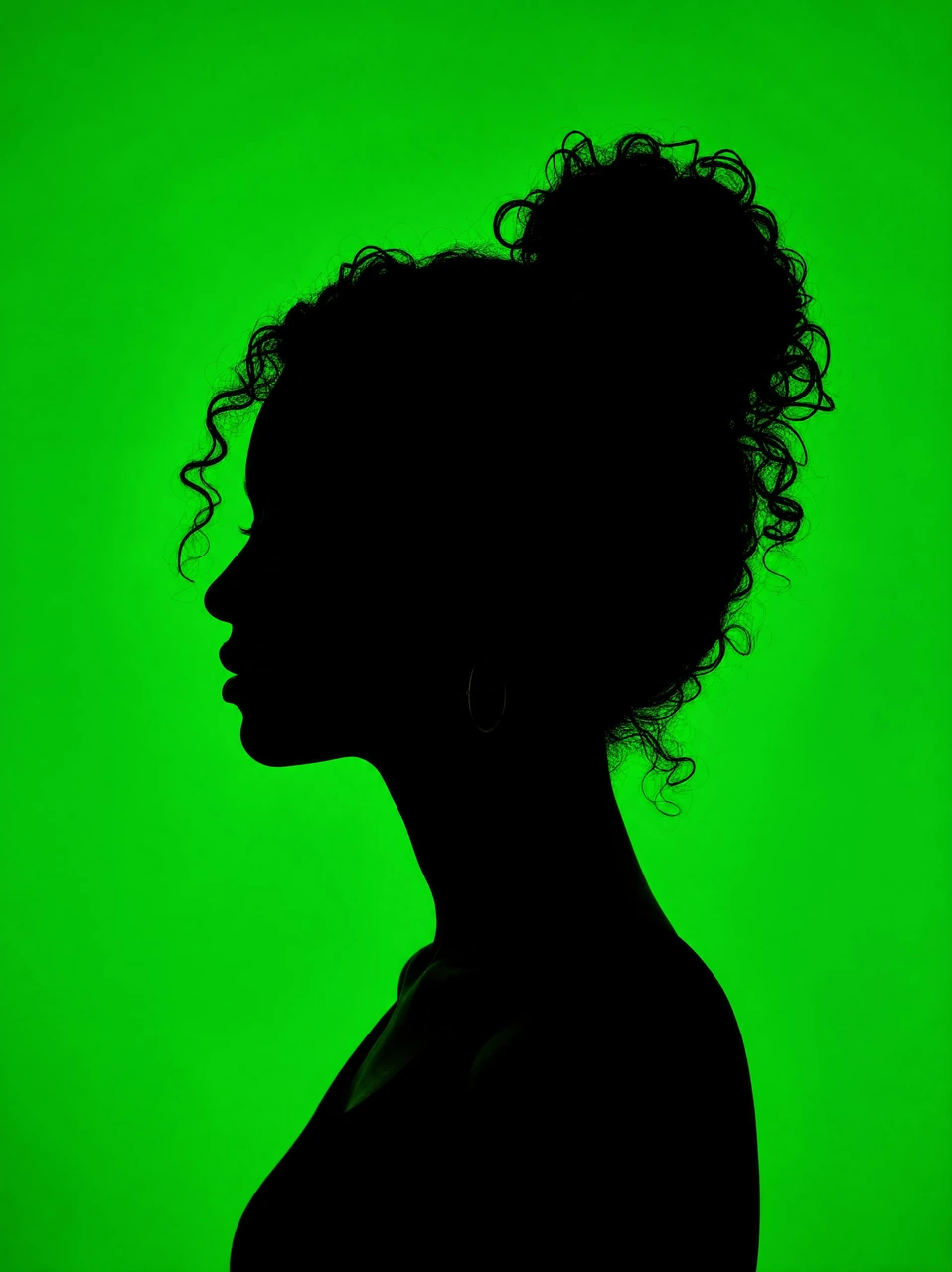 Create a dramatic black side-profile silhouette of a person with curly hair against a vivid green background, ideal for bold portrait posters, editorial visuals, and minimalist campaign imagery.