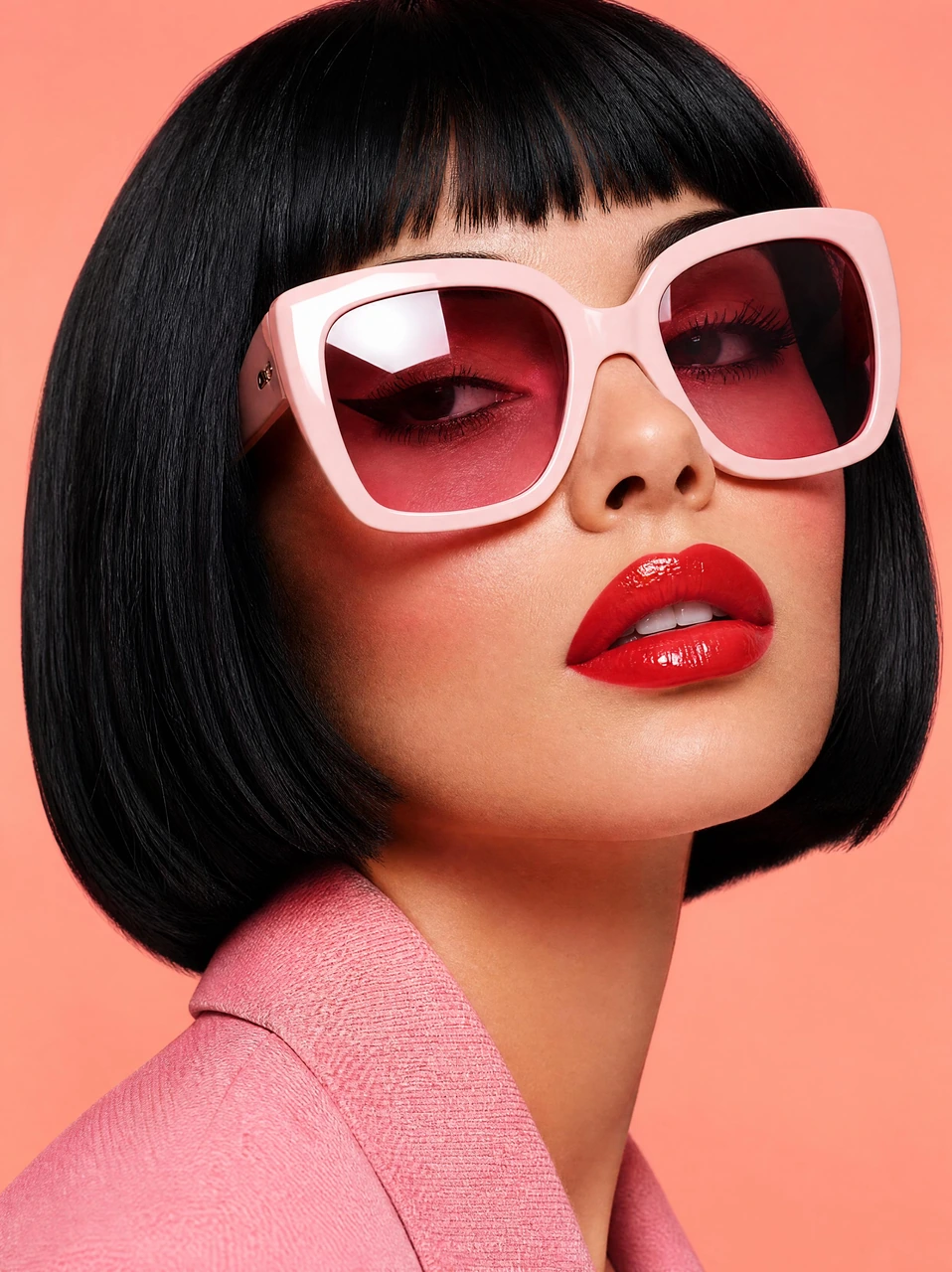 A high-gloss close-up fashion portrait featuring a woman with a black bob haircut, pink sunglasses, and glossy red lips against a peach background.