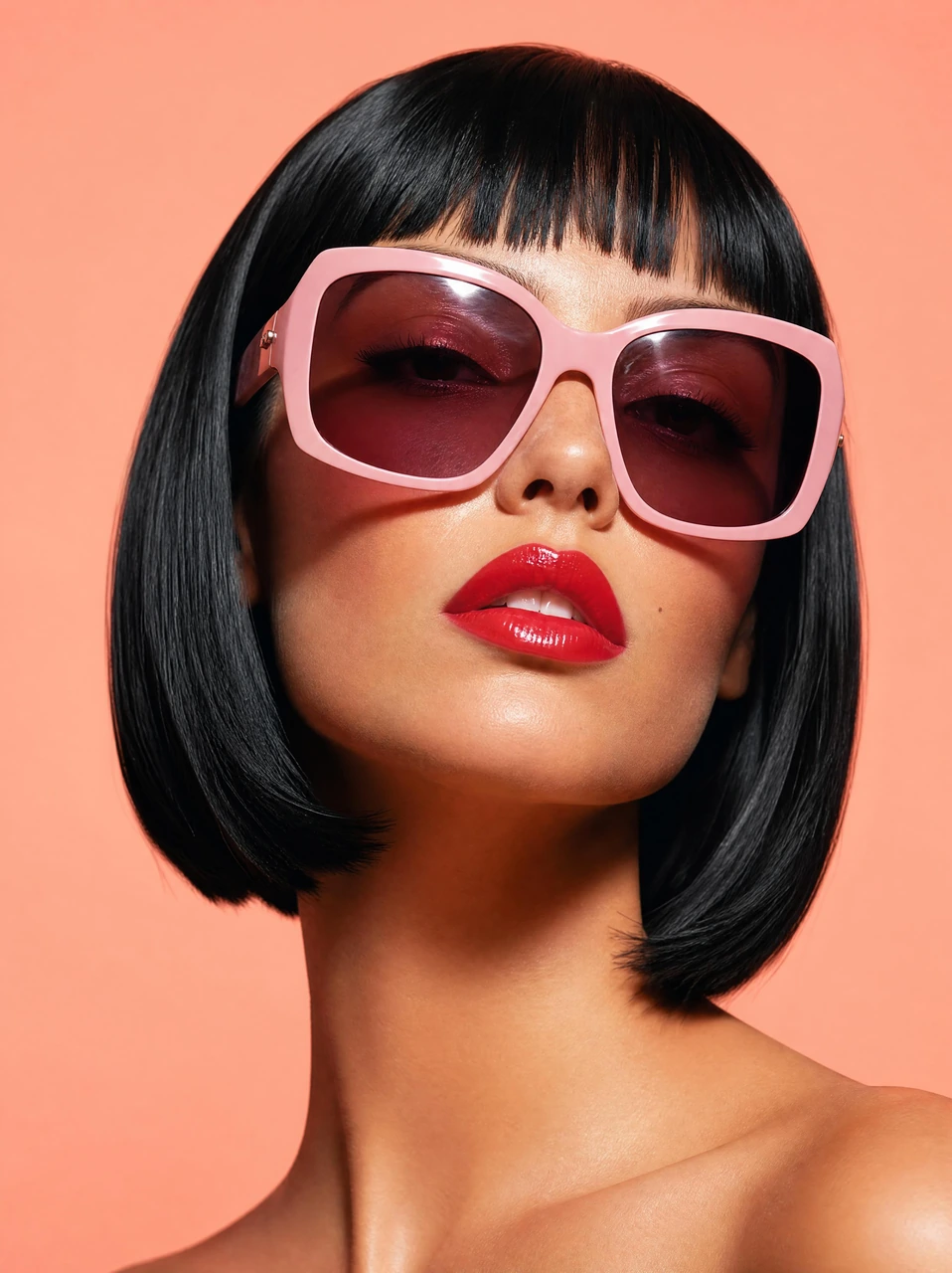 A high-gloss close-up fashion portrait featuring a woman with a black bob haircut, pink sunglasses, and glossy red lips against a peach background.