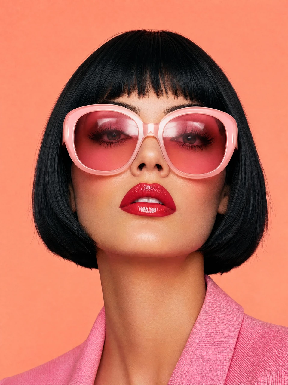 A high-gloss close-up fashion portrait featuring a woman with a black bob haircut, pink sunglasses, and glossy red lips against a peach background.