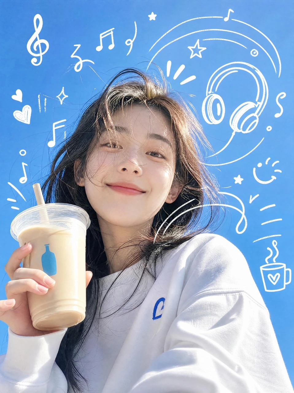 A bright vertical selfie-style portrait under a clean blue sky, enhanced with white hand-drawn music notes, hearts, stars, headphones, swirls, and playful sticker-like doodles for a youthful social media poster look.