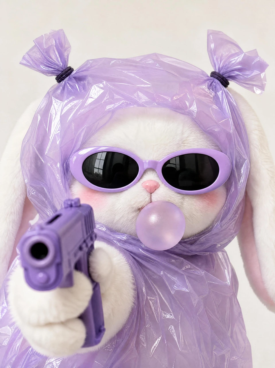 A playful close-up studio portrait of a white plush bunny wearing lavender sunglasses, a translucent purple hood, bubblegum, and a toy pistol for a cute mischievous character concept.