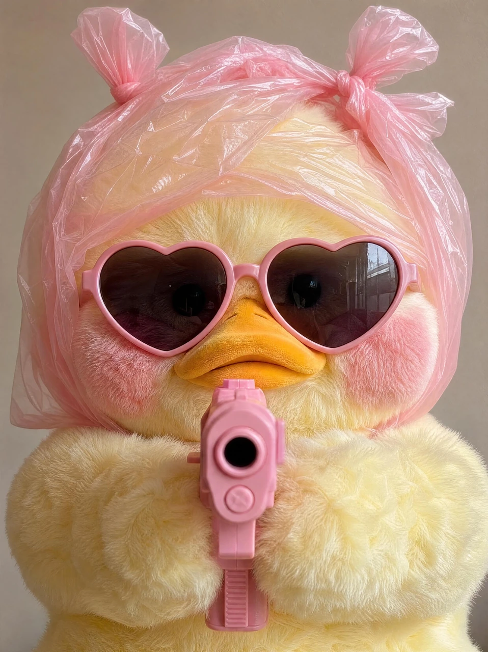 A playful close-up portrait template featuring a fluffy yellow duck plush wearing pink heart-shaped sunglasses and a translucent pink plastic headscarf, styled as a cute meme-ready profile picture.