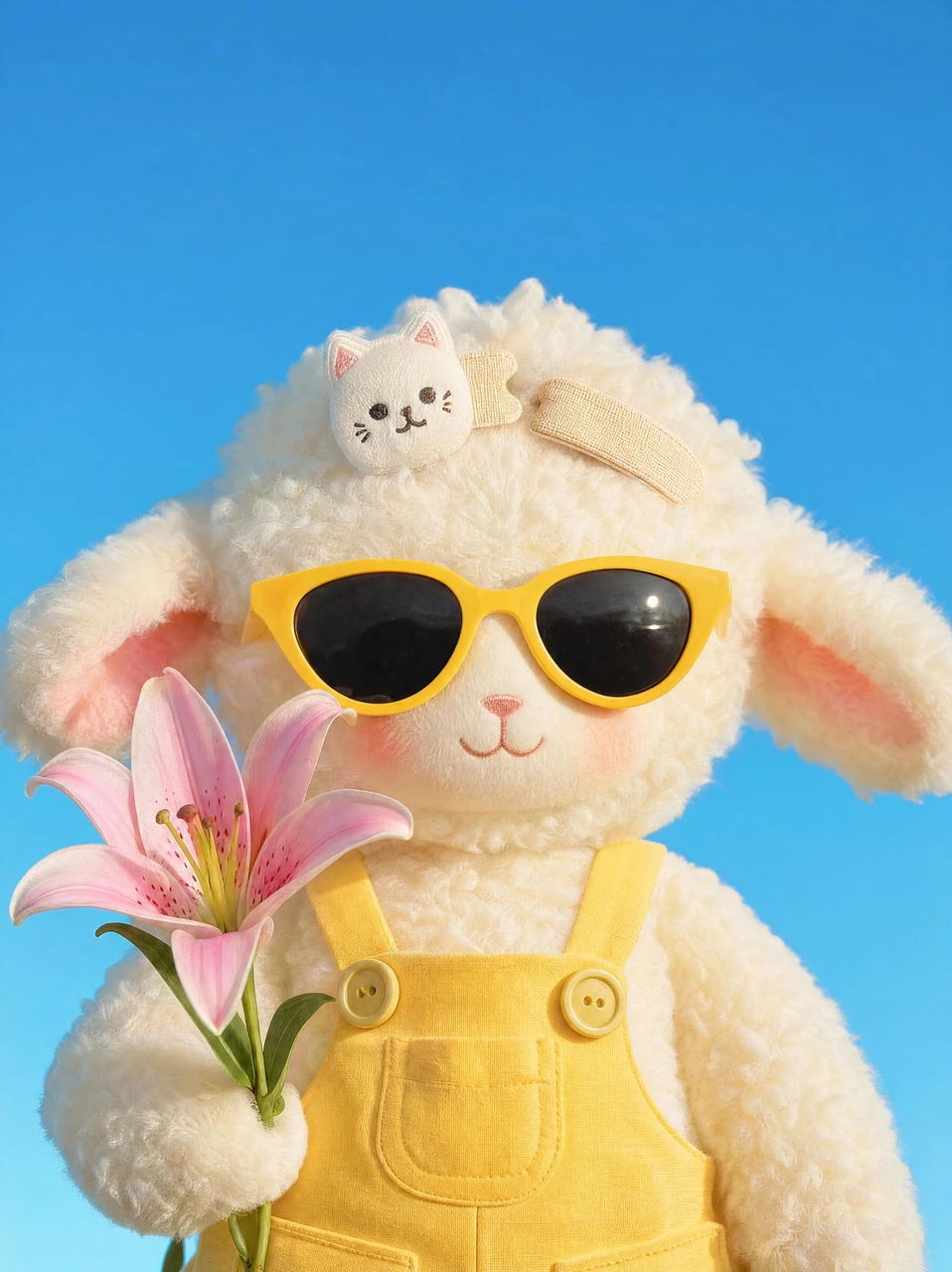 A bright commercial-style toy photography template featuring a fluffy white lamb plush with yellow sunglasses and overalls, holding a pink lily against a clean blue-sky background.