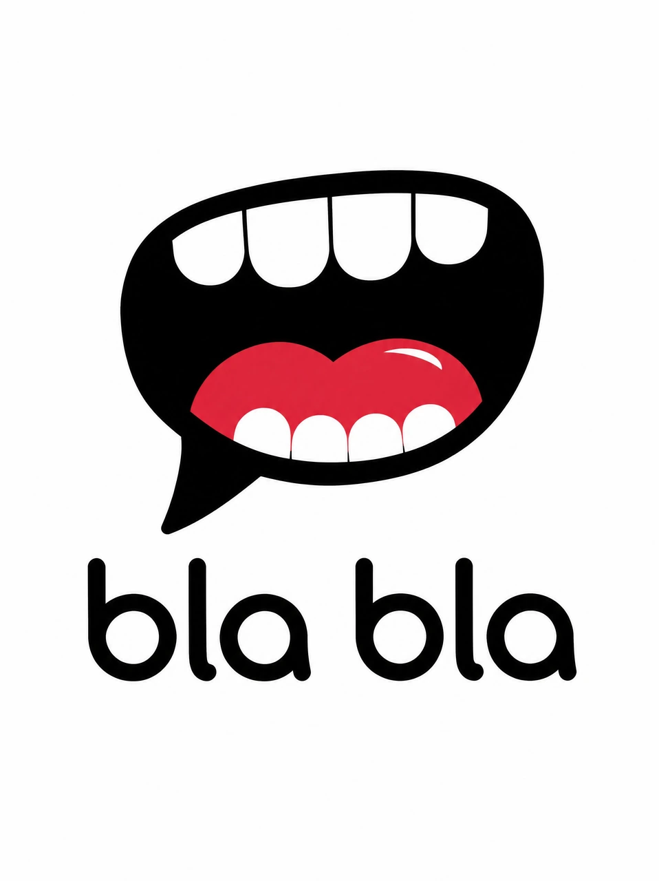 A minimal and expressive logo concept featuring a black speech bubble shaped like an open mouth, with white teeth, a red tongue, and a friendly lowercase “Bla Bla” wordmark.