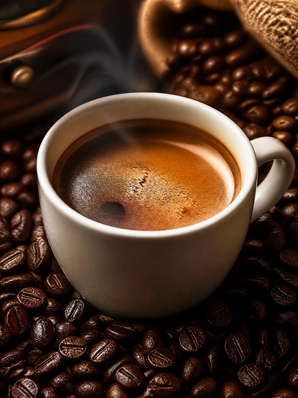 A realistic close-up coffee scene featuring a white cup of hot coffee surrounded by dark glossy beans, warm lighting, soft steam, and an inviting café atmosphere.