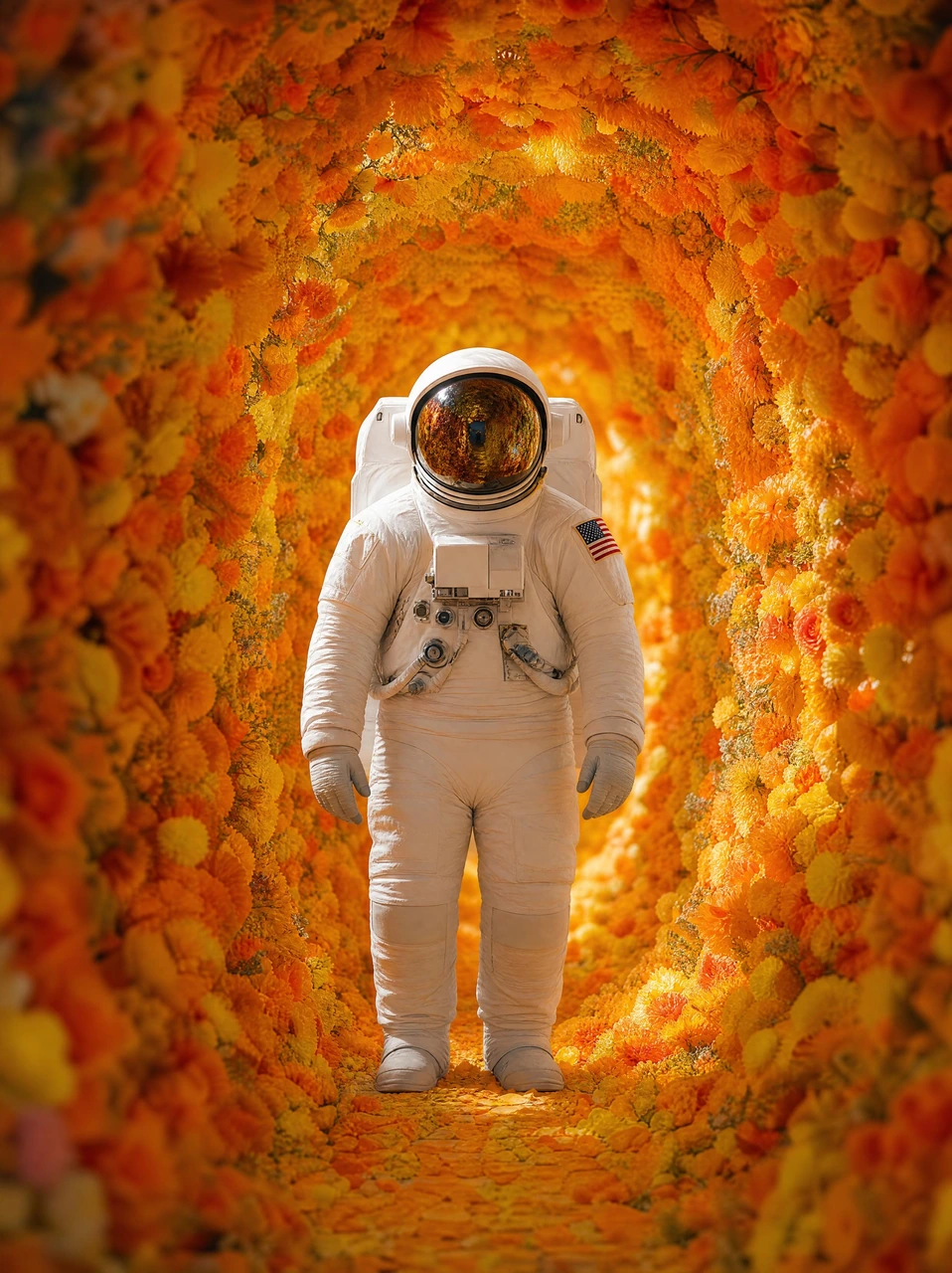 A cinematic surreal scene featuring an astronaut in a white suit standing inside a glowing tunnel of orange and yellow flowers, blending space exploration with dreamlike nature.