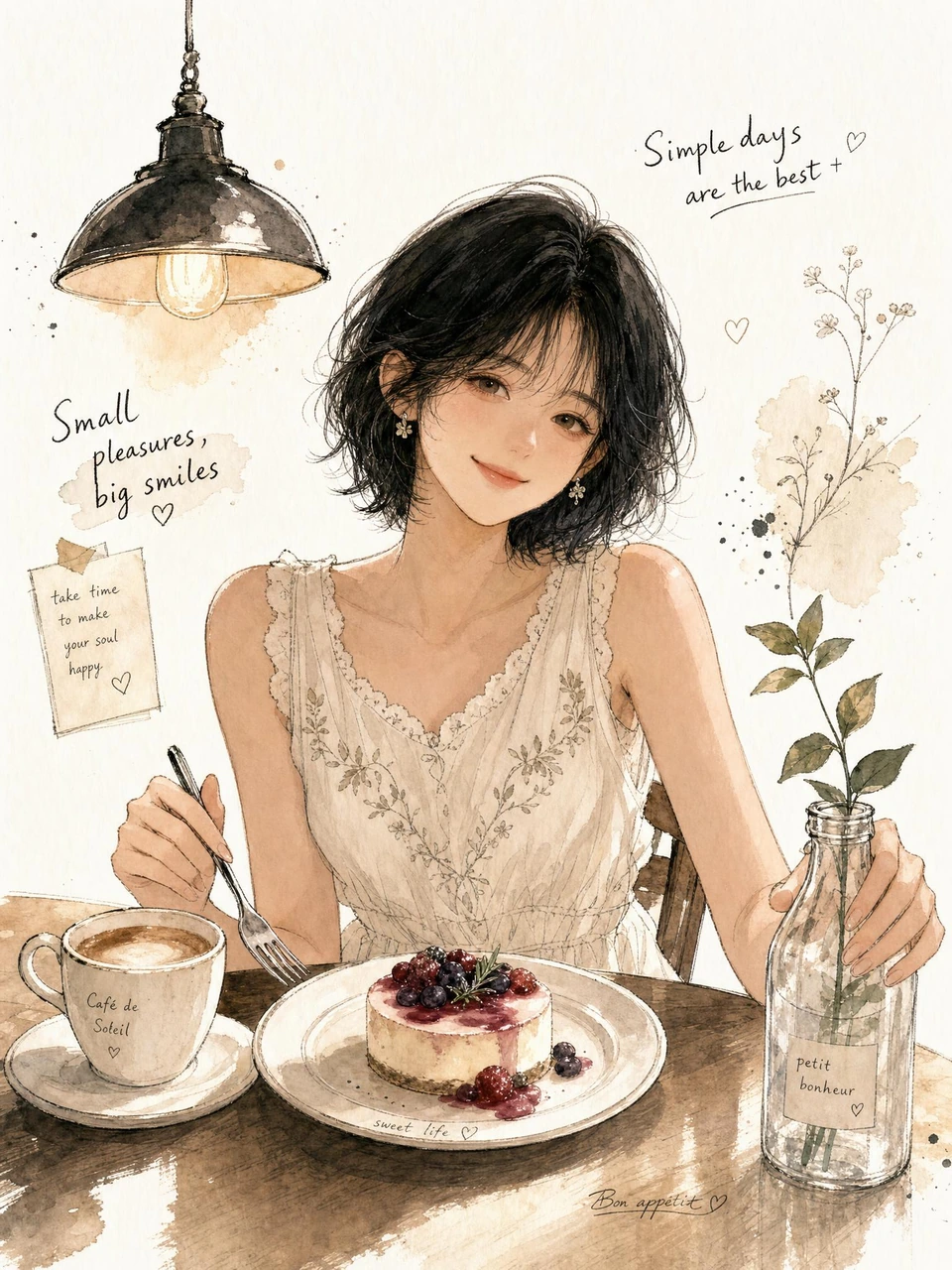 A warm hand-drawn watercolor ink illustration of a young woman at a café table with cheesecake, coffee, botanical doodles, and handwritten lifestyle quotes.