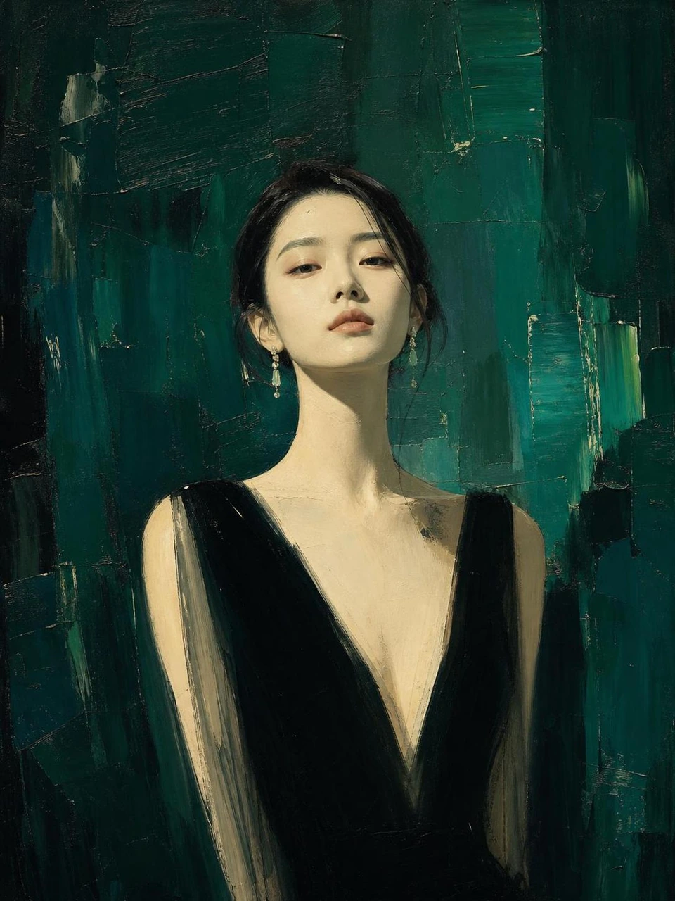 A refined vertical fashion portrait template featuring a young Asian woman in a minimalist black evening dress, painted with rich emerald and forest-green oil textures, gallery-style lighting, and a quiet luxury editorial mood.