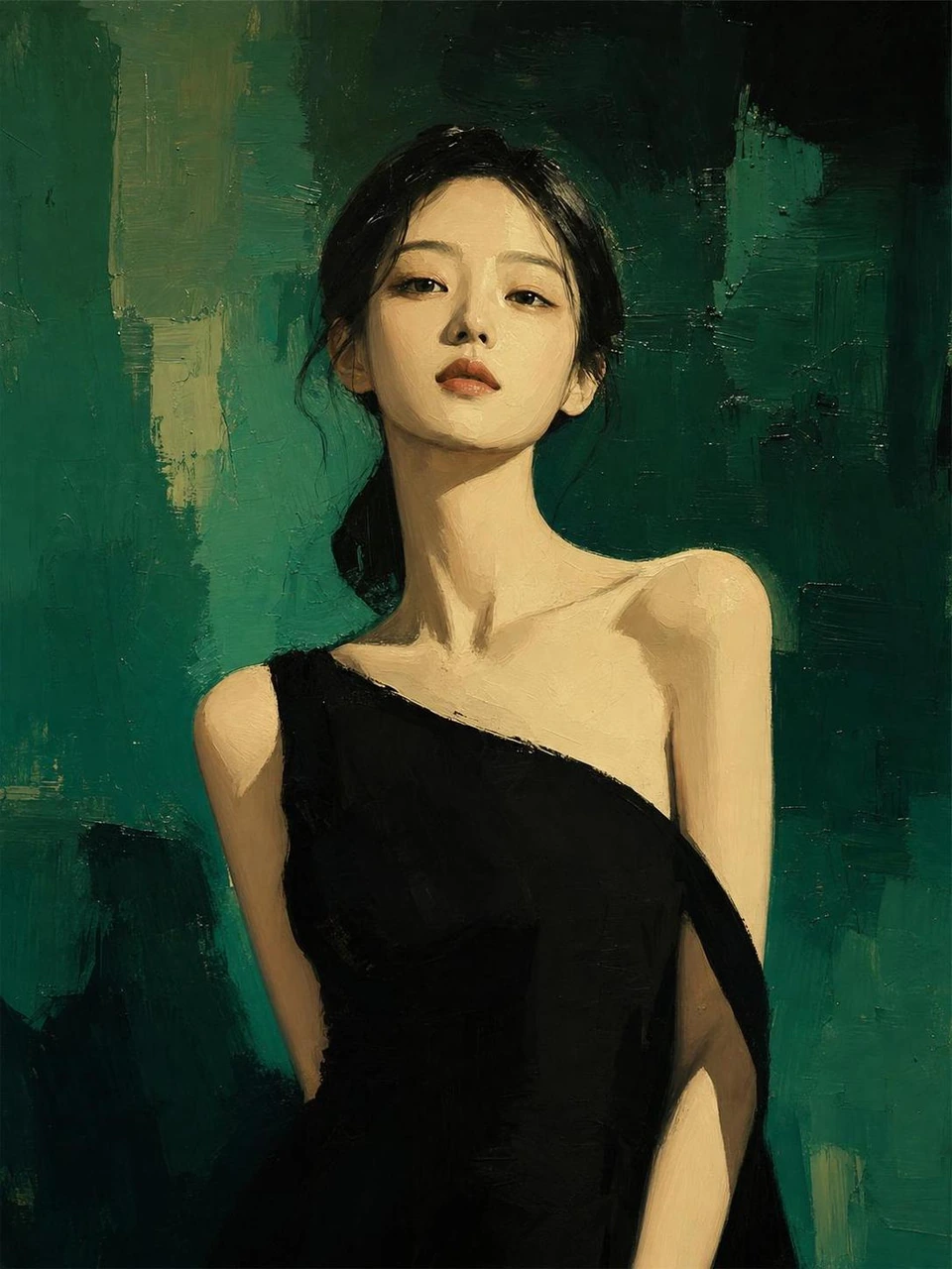 A refined vertical fashion portrait template featuring a young Asian woman in a minimalist black evening dress, painted with rich emerald and forest-green oil textures, gallery-style lighting, and a quiet luxury editorial mood.