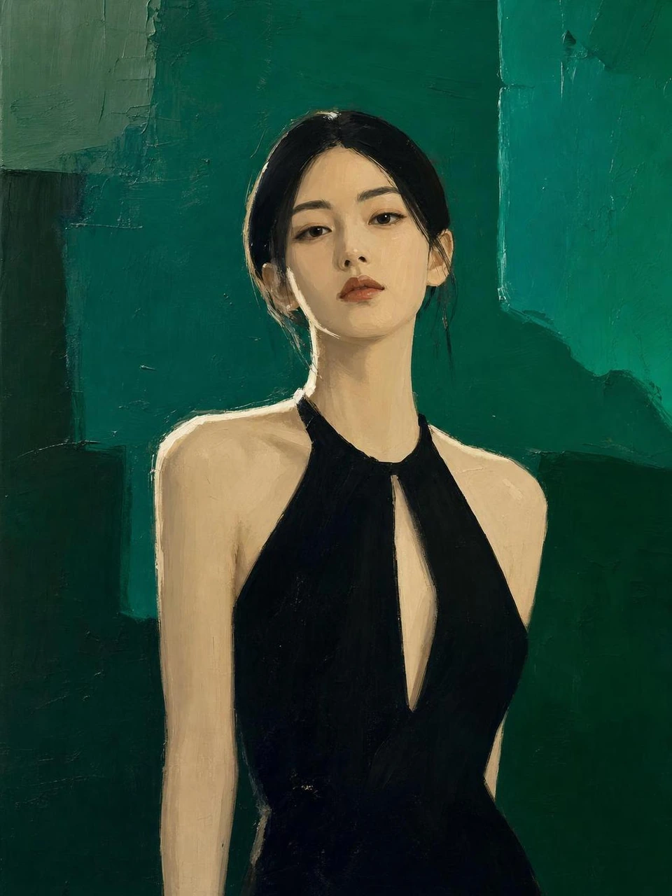 A refined vertical fashion portrait template featuring a young Asian woman in a minimalist black evening dress, painted with rich emerald and forest-green oil textures, gallery-style lighting, and a quiet luxury editorial mood.